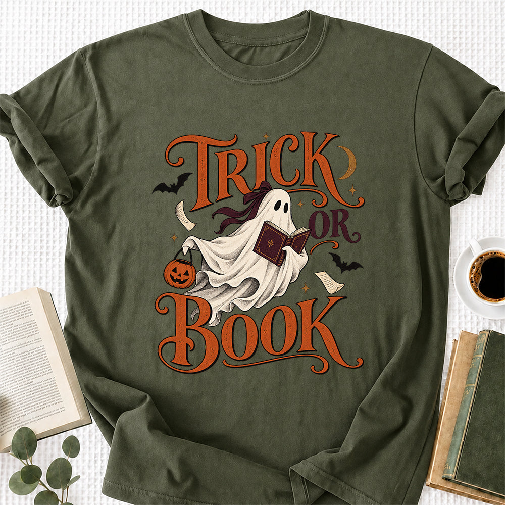 Trick Or Book Ghost Printed T-Shirt | Halloween Book Lover Gift Military Green
