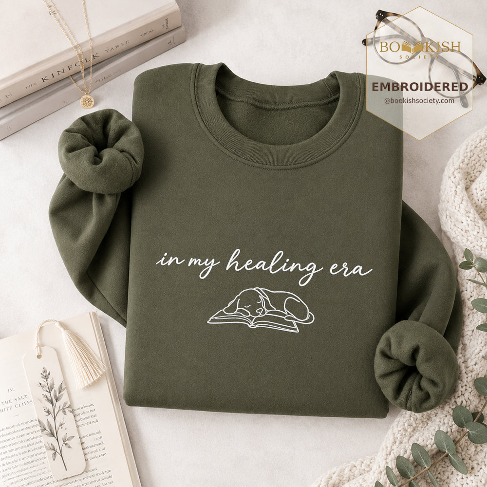 In My Healing Era Embroidered Sweatshirt | Dog Lover & Reader Gift Military Green