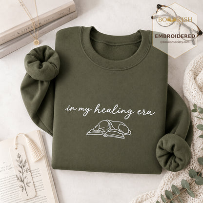 In My Healing Era Embroidered Sweatshirt | Dog Lover & Reader Gift Military Green