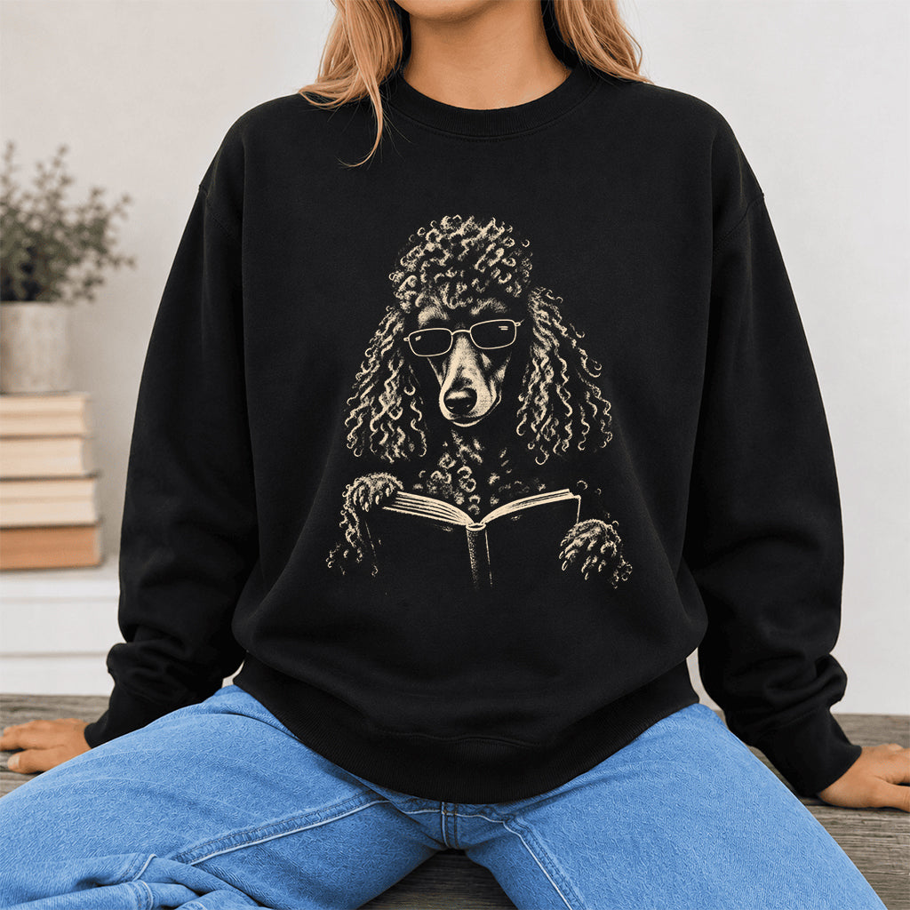 Poodle Reading Book Crewneck Sweatshirt | Reader Gift Black