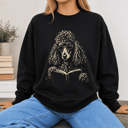 Poodle Reading Book Crewneck Sweatshirt | Reader Gift Black