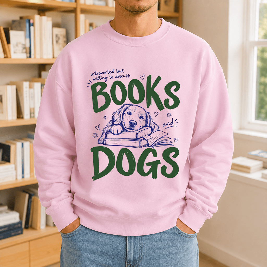 Introverted But Willing To Discuss Books And Dogs Crewneck Sweatshirt | Dog Lover & Reader Gift Light Pink