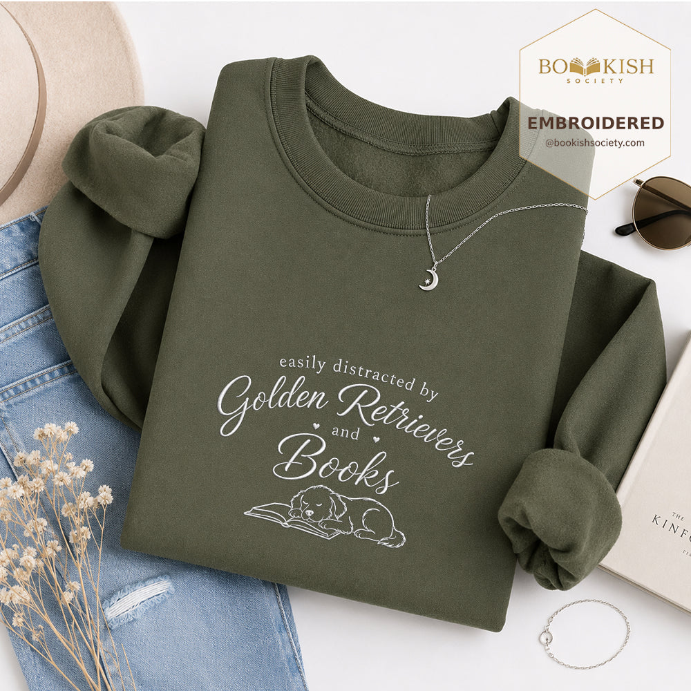 Easily Distracted By Golden Retrievers And Books Embroidered Sweatshirt | Reader Gift Military Green