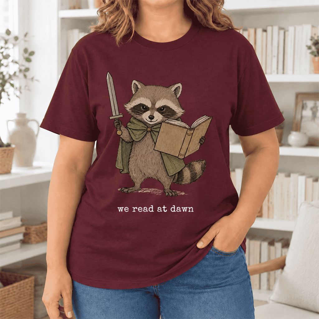 We Read At Dawn Funny Racoon Ultra-Soft Cotton T-Shirt | Playful Reader Gift Maroon