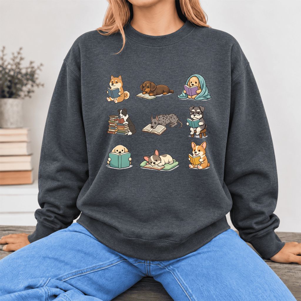 Funny Reading Dogs Embroidered Sweatshirt | Dog Mom Reader Gift Dark Heather