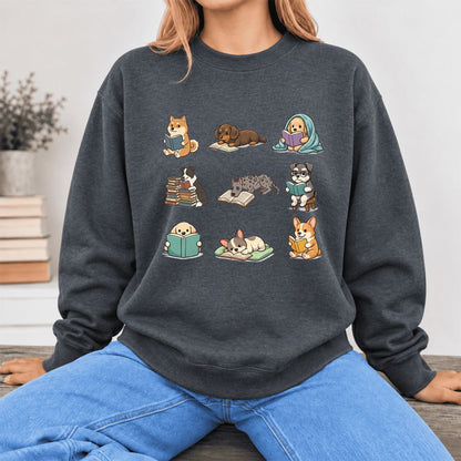 Funny Reading Dogs Embroidered Sweatshirt | Dog Mom Reader Gift Dark Heather