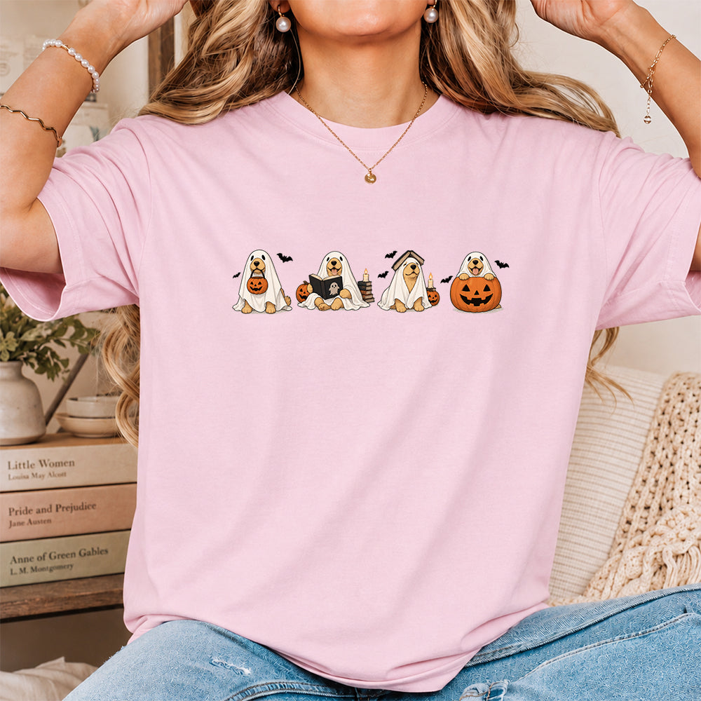 Spooky Golden Retrievers Book Club Printed T-Shirt | Halloween Book Lover Gift Light Pink
