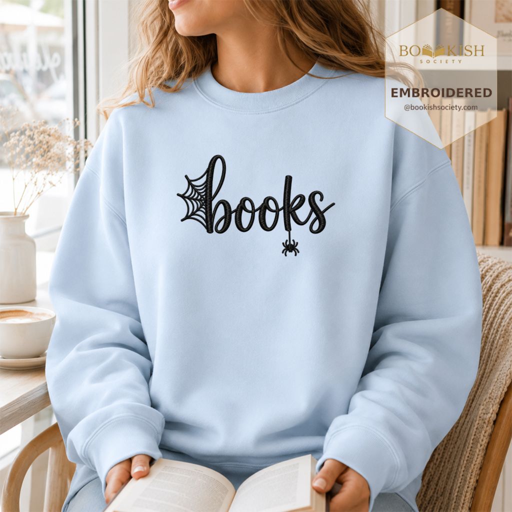 Halloween Books Embroidered Sweatshirt | Spooky Book Lover Gift Light Blue
