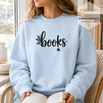 Halloween Books Embroidered Sweatshirt | Spooky Book Lover Gift Light Blue