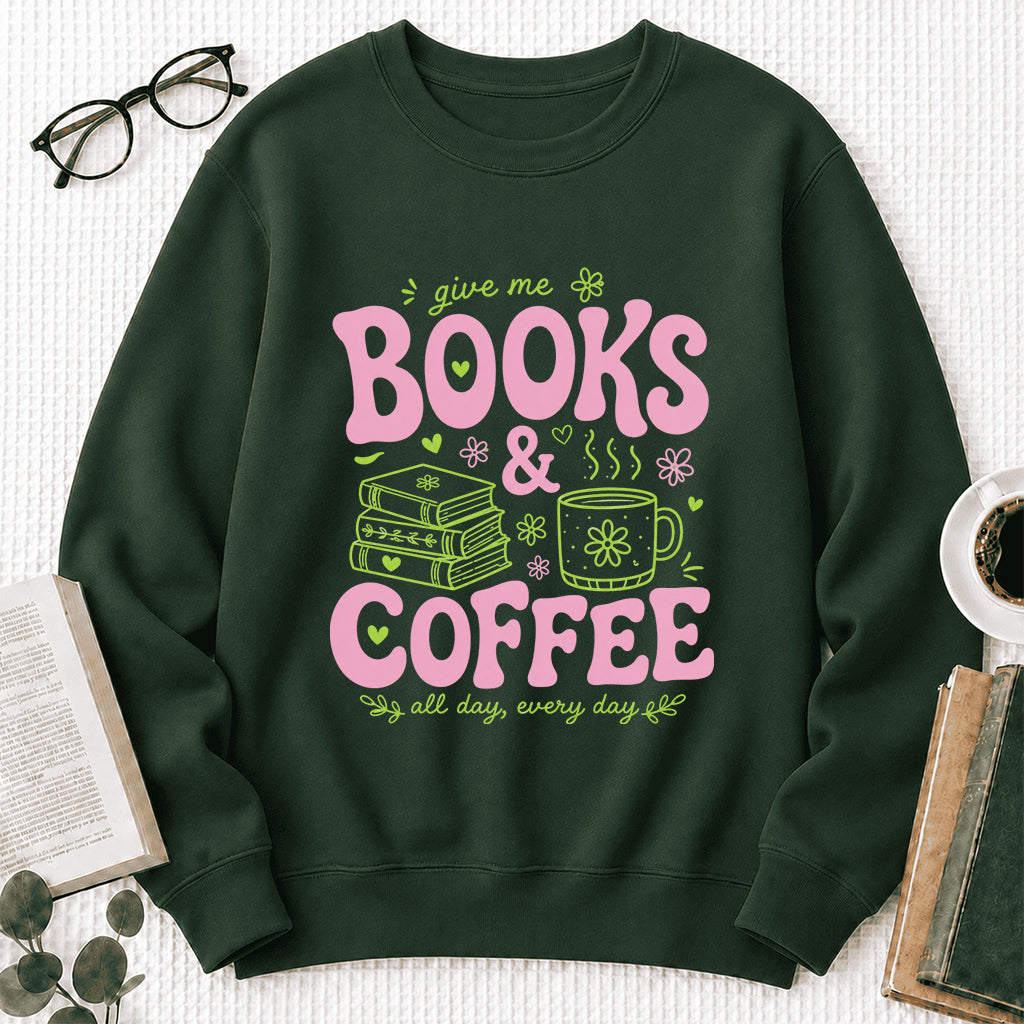 Books and Coffee Crewneck Sweatshirt | Reader Gift Forest Green