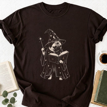 Cute Pug Witch Reading Book Printed T-Shirt | Halloween Book & Dog Lover Gift Dark Chocolate