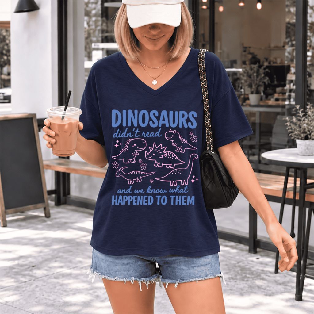 Dinosaurs Didn'T Read Ultra-Soft V-Neck | Funny Book Lover Gift Navy