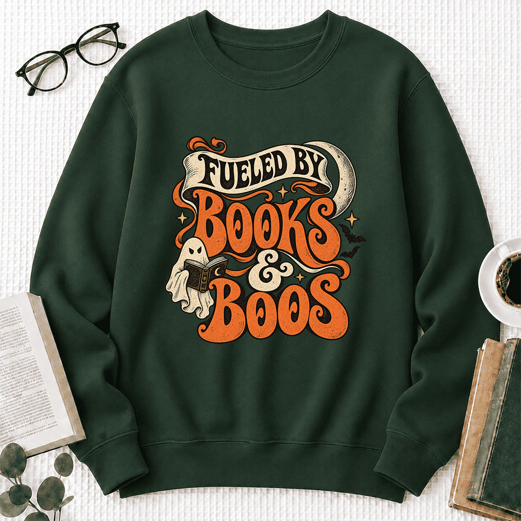 Fueled By Books & Boos Printed Sweatshirt | Halloween Book Lover Gift Forest Green