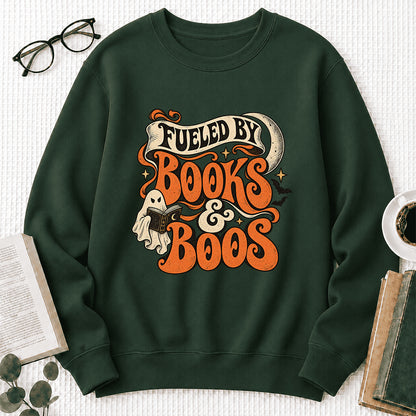 Fueled By Books & Boos Printed Sweatshirt | Halloween Book Lover Gift Forest Green