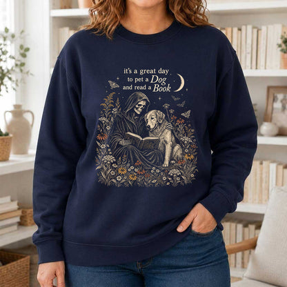 It's A Great Day To Pet A Dog And Read A Book Crewneck Sweatshirt | Gift Navy