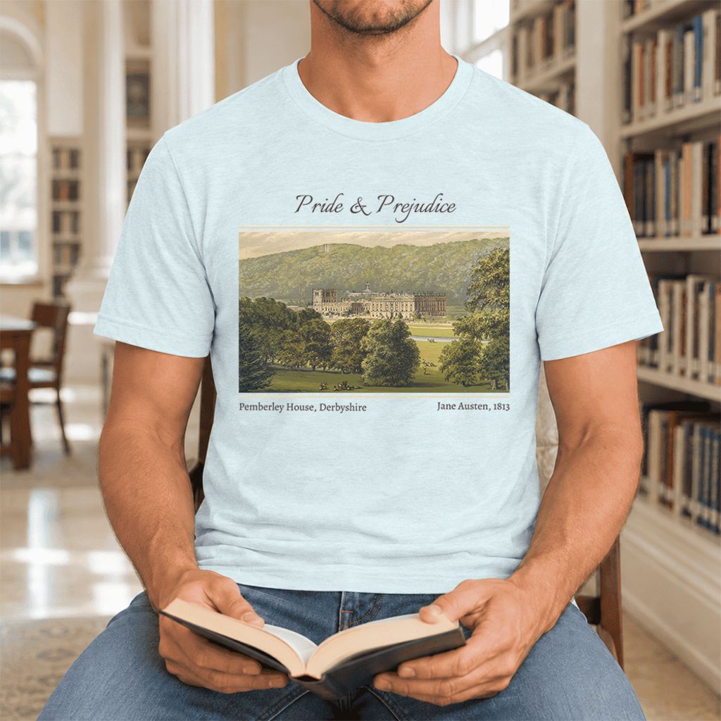 Pemberley House Pride And Prejudice Ultra-Soft Cotton T-Shirt | Gift Heather Ice Blue