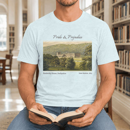 Pemberley House Pride And Prejudice Ultra-Soft Cotton T-Shirt | Gift Heather Ice Blue