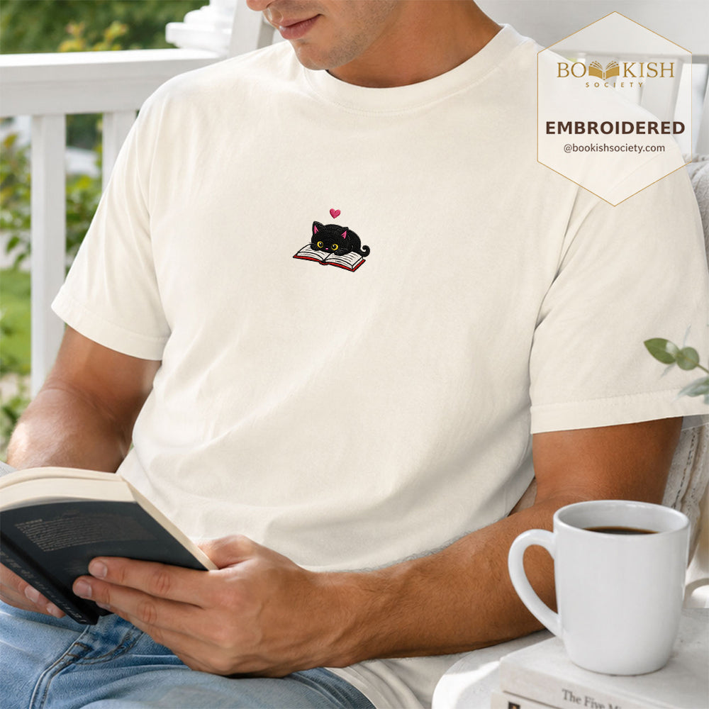 Embroidered Black Cat and Book Comfort Color® T-shirt Book Lover Gift Ivory