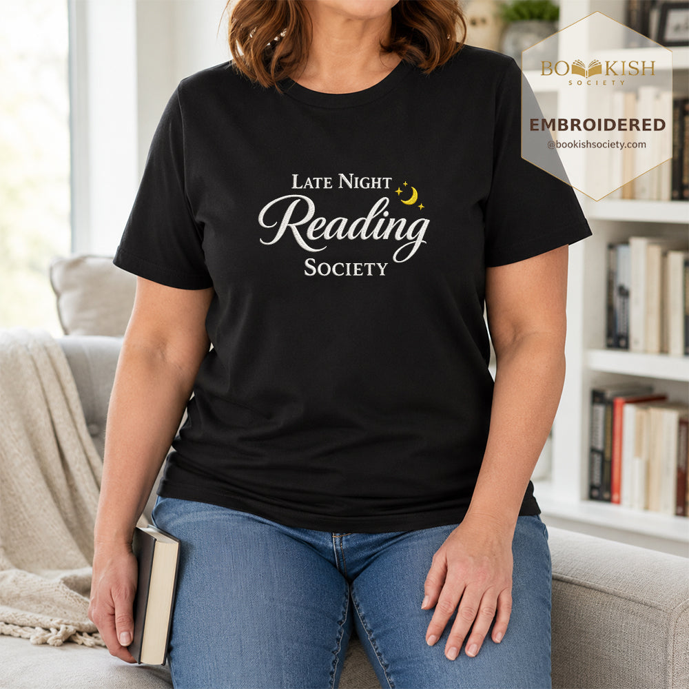 Late Night Reading Society Embroidered Comfort Color® T-shirt | Book Lover Gift Black