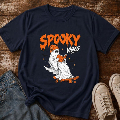 Spooky Vibes Printed T-Shirt | Halloween Book Lover Gift Navy