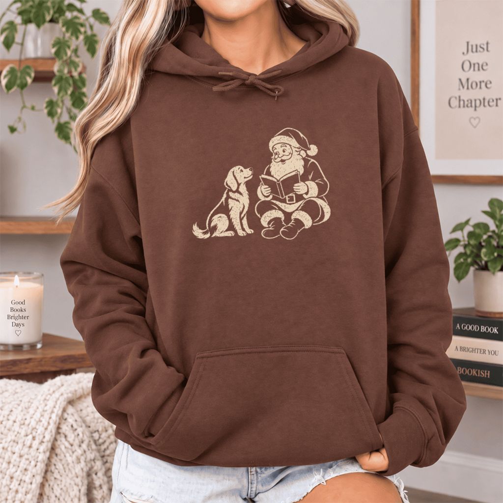Funny Dog With Santa Christmas Softstyle Hoodie | Christmas Gift For Dog & Book Lover Cocoa