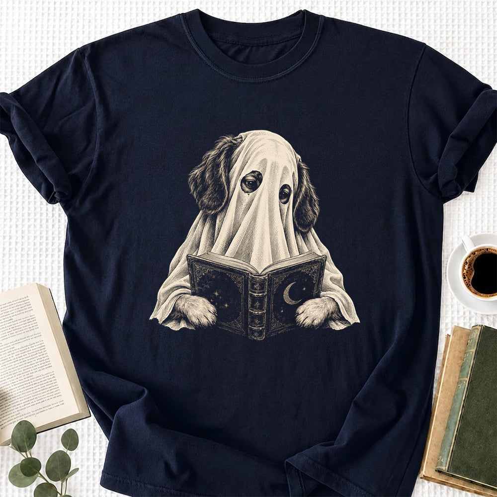 Reading Ghost Dog Printed T-Shirt | Halloween Dog Lover Gift Navy
