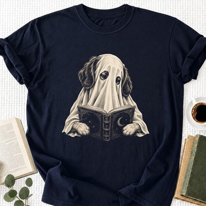 Reading Ghost Dog Printed T-Shirt | Halloween Dog Lover Gift Navy