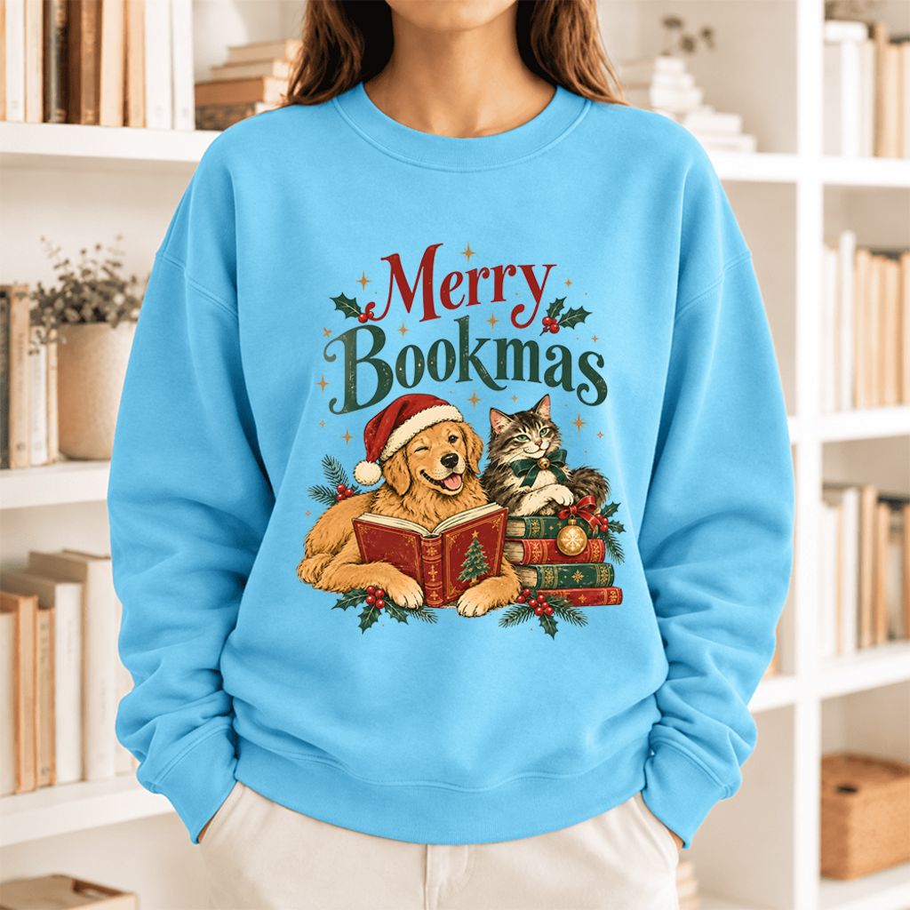 Merry Bookmas Softstyle Sweatshirt | Christmas Book Lover Gift Sky
