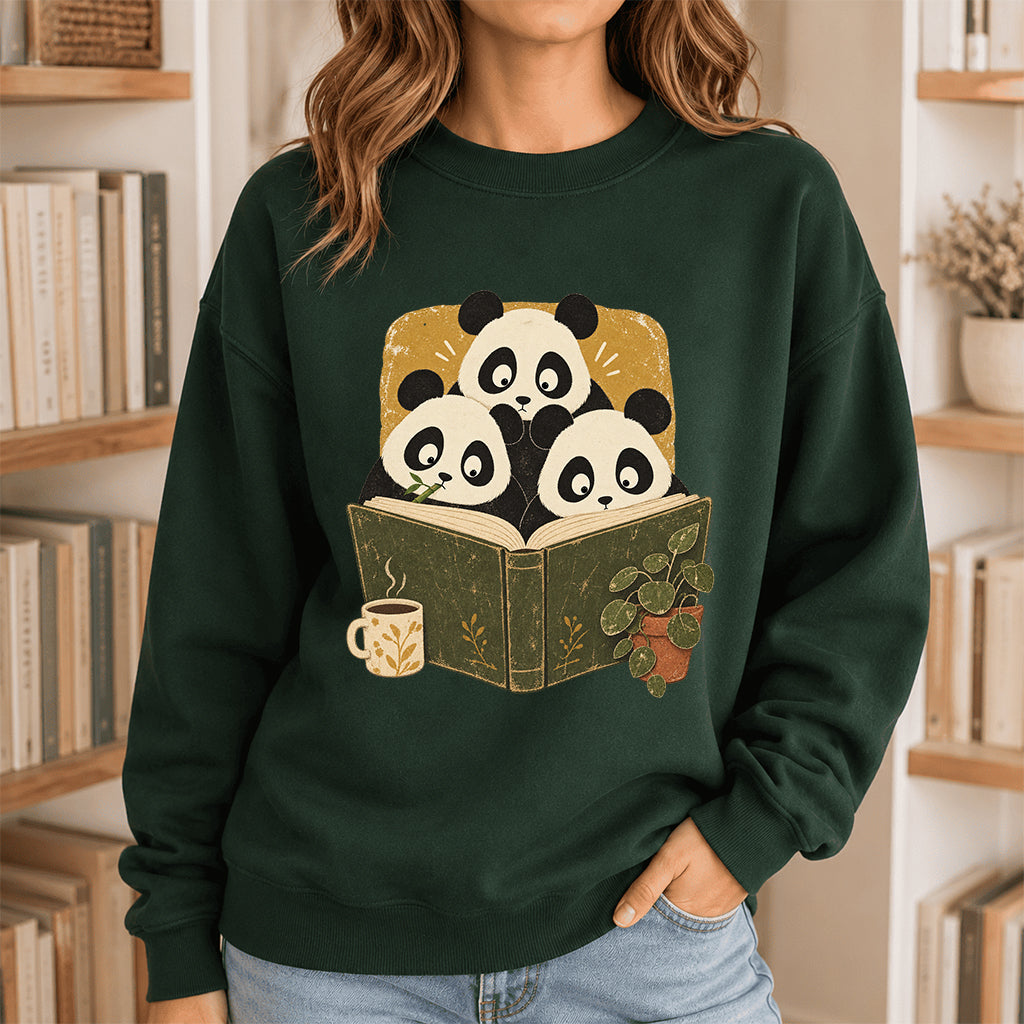 Curious Pandas Reading Crewneck Sweatshirt | Panda Lover & Reader Gift Forest Green