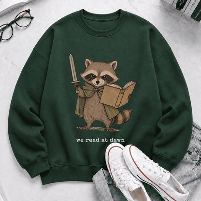Raccoon We Read At Dawn Crewneck Sweatshirt | Reader Gift Forest Green