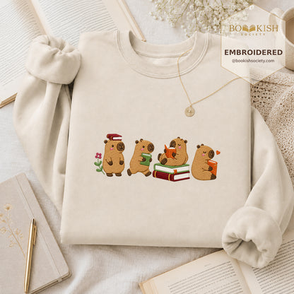 Reading Capybaras Embroidered Sweatshirt | Reader Gift Sand