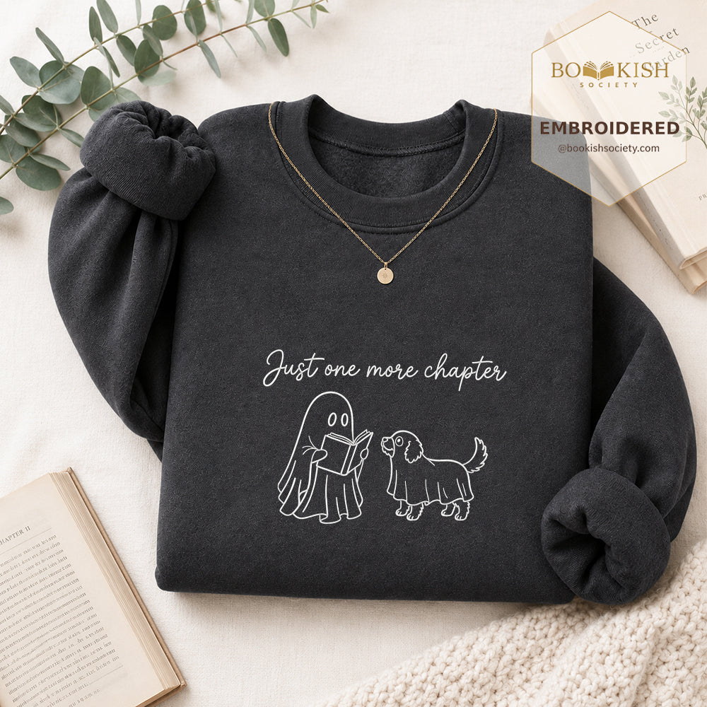 Easily Just One More Chapter Halloween Embroidered Sweatshirt | Reader Gift Dark Heather