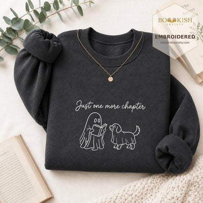 Easily Just One More Chapter Halloween Embroidered Sweatshirt | Reader Gift Dark Heather