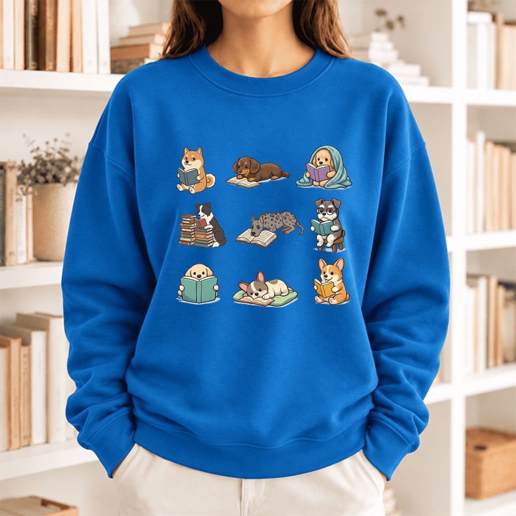 Funny Reading Dogs Embroidered Sweatshirt | Dog Mom Reader Gift Royal