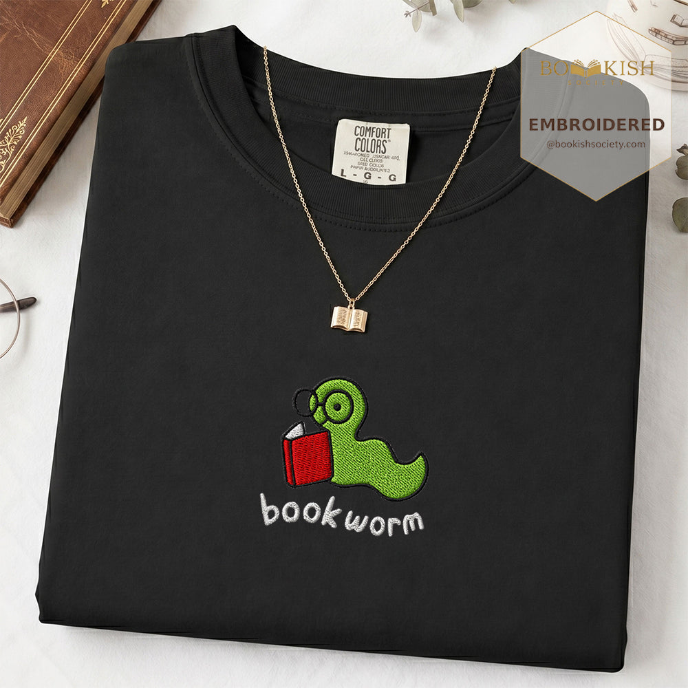 Embroidered Bookworm Comfort Color® T-shirt Book Lover Gift Black