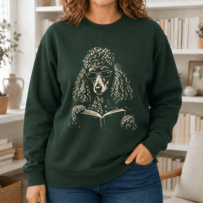 Poodle Reading Book Crewneck Sweatshirt | Reader Gift Forest Green