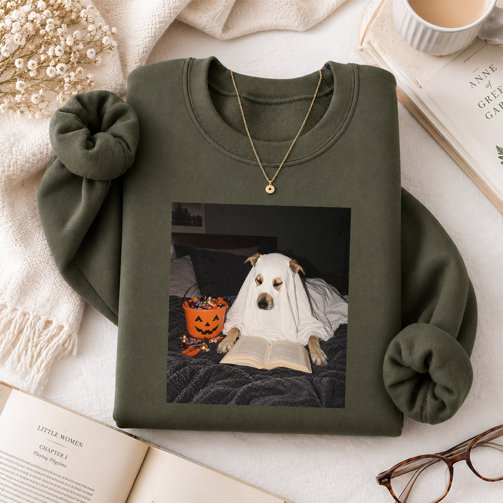 Cute Reading Ghost Dog Printed Sweatshirt | Halloween Book Lover Gift Military Green