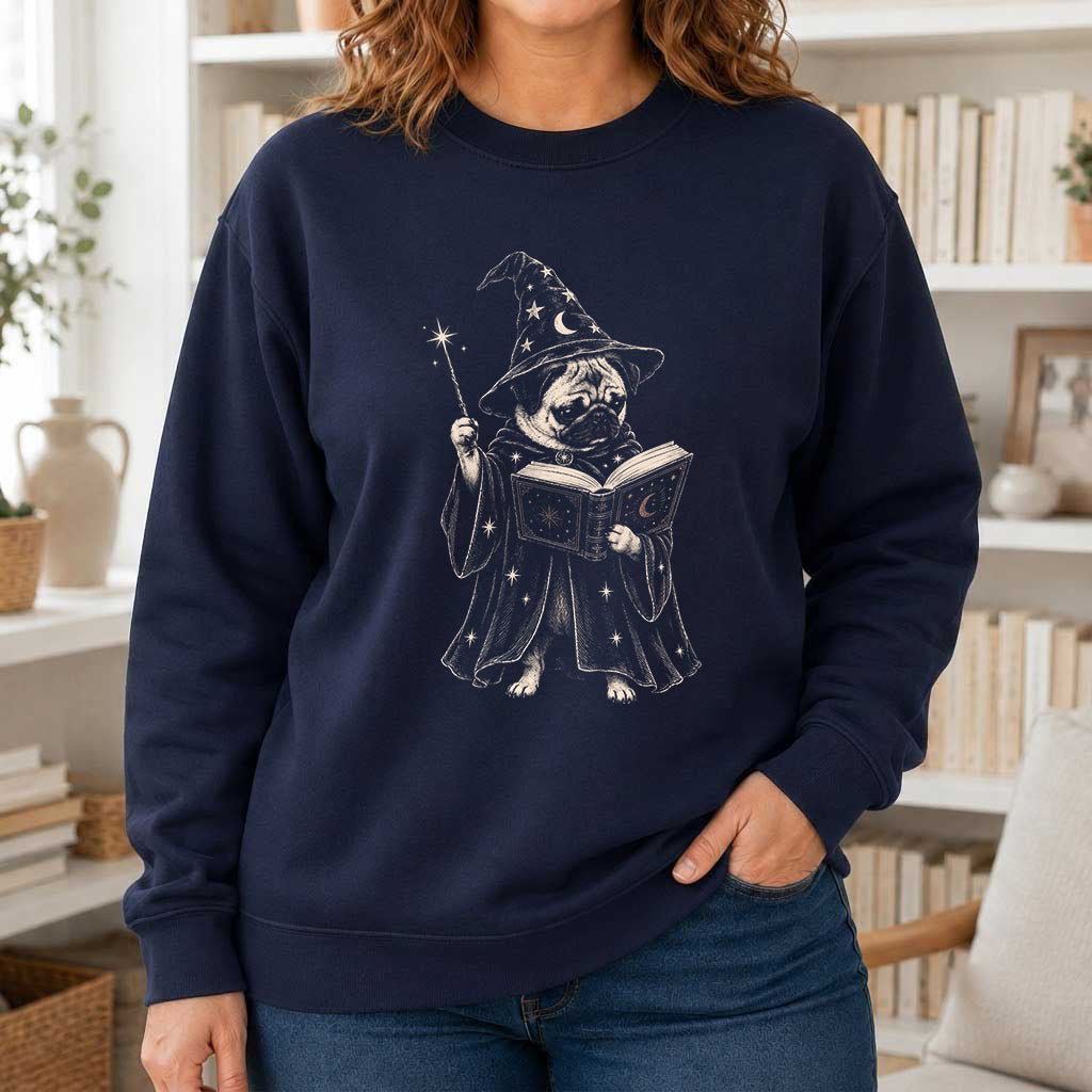 Cute Pug Witch Reading Book Printed Sweatshirt | Halloween Book Lover Gift Navy