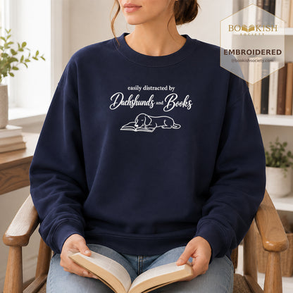 Easily Distracted By Dachshunds And Books Embroidered Sweatshirt | Reader Gift Navy