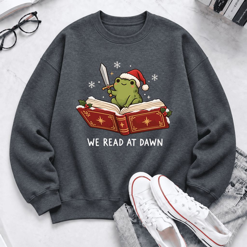 We Read At Dawn Frog Softstyle Sweatshirt | Christmas Book Lover Gift Dark Heather