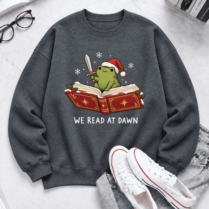 We Read At Dawn Frog Softstyle Sweatshirt | Christmas Book Lover Gift Dark Heather