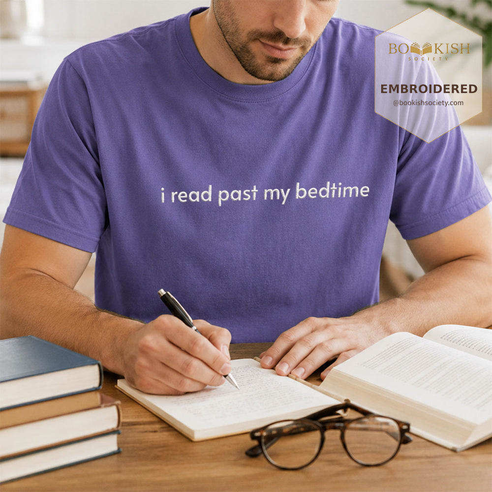 Embroidered I Read Past My Bedtime Comfort Color® T-shirt Book Lover Gift Grape