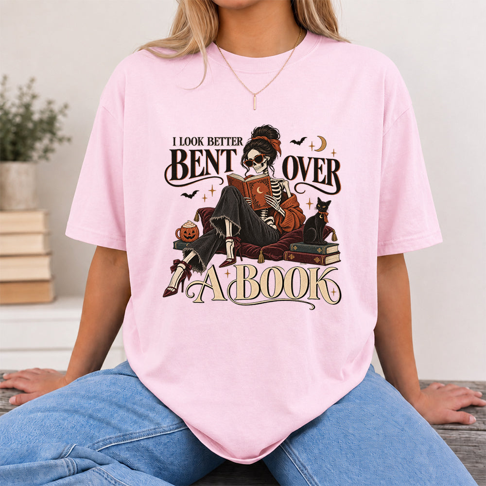 I Look Better Bent Over A Book Printed T-Shirt | Halloween Book Lover Gift Light Pink