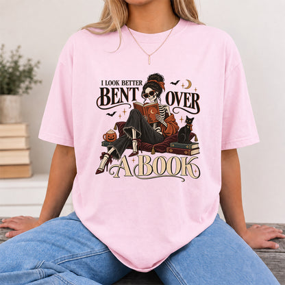 I Look Better Bent Over A Book Printed T-Shirt | Halloween Book Lover Gift Light Pink