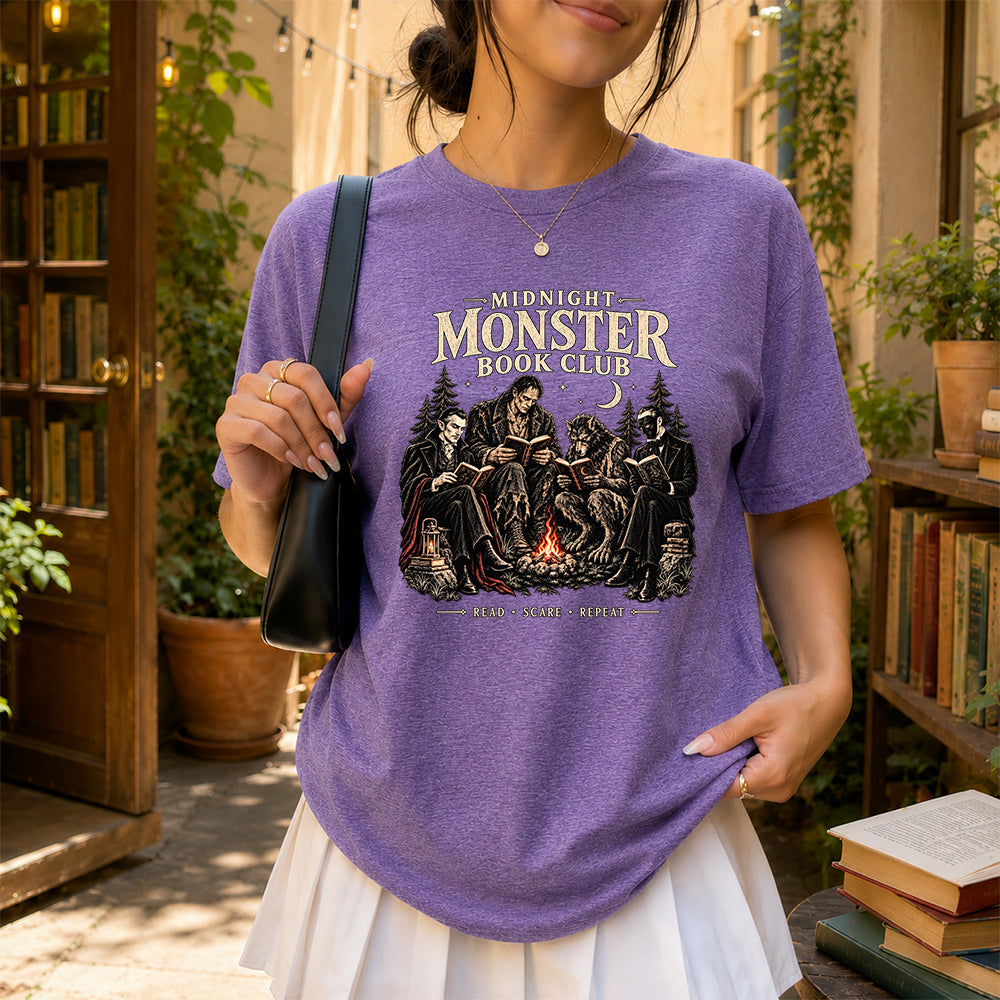 Midnight Monster Book Club Printed T-Shirt | Halloween Book Lover Gift Heather Purple
