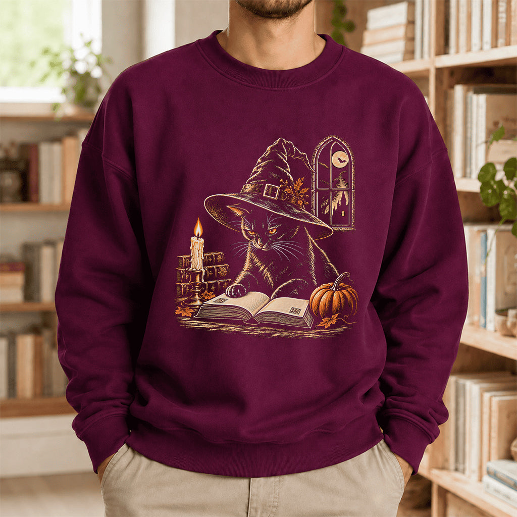 Reading Black Cat Witch Printed Sweatshirt | Halloween Book Lover Gift Maroon
