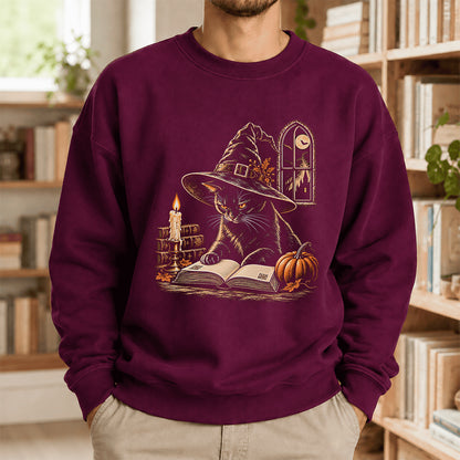 Reading Black Cat Witch Printed Sweatshirt | Halloween Book Lover Gift Maroon