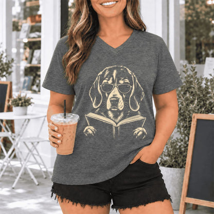 Beagle Reading Book Ultra-Soft V-Neck | Dog Mom Reader Gift Deep Heather
