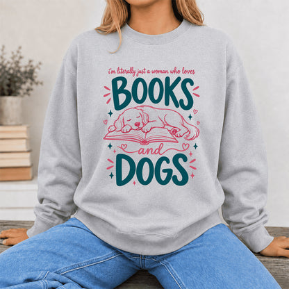 Just A Woman Who Loves Books and Dogs Crewneck Sweatshirt |  Dog Lover & Reader Gift Sport Grey