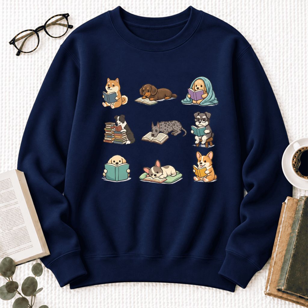 Funny Reading Dogs Embroidered Sweatshirt | Dog Mom Reader Gift Navy